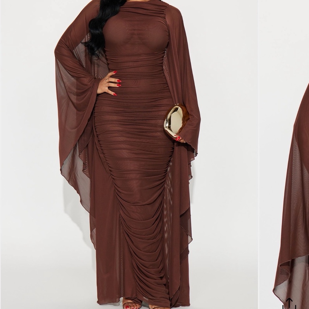 Elegant Chocolate Brown Evening Gown Ruched long sleeved sheer